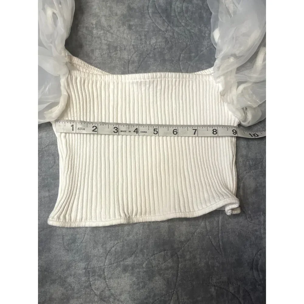 Zara White Ribbed Knit Organza Sheer Puff Sleeve Crop Top Blouse Size Small